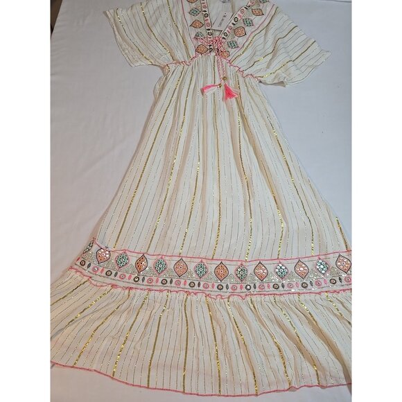 ananta size L/XL cream Boho flowy maxi dress embroidered gold striped New - Picture 10 of 16